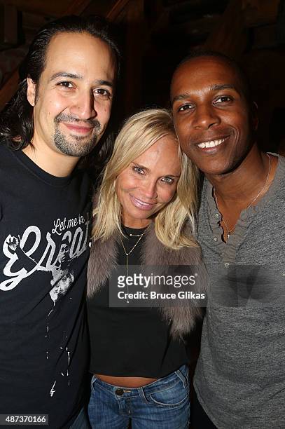 Lin Manuel Miranda, Kristin Chenoweth and Leslie Odom Jr pose backstage at the hit musical "Hamilton" on Broadway at The Richard Rogers Theater on...