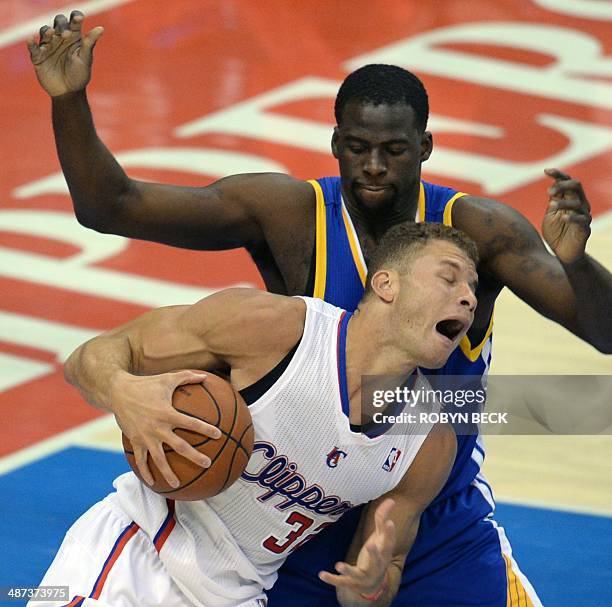 Blake Griffith of the Los Angeles Clippers attempts to negotiate the defense of the Golden State Warriors during Game 5 of their NBA playoff game...