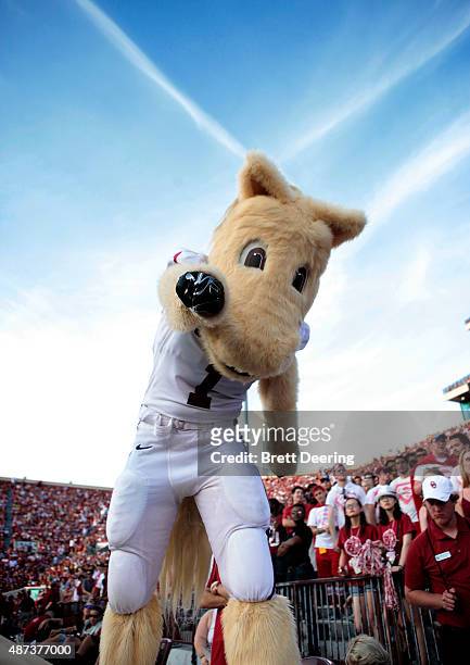 Oklahoma mascot Sooner performs during the game against the Akron Zips September 5, 2015 at Gaylord Family-Oklahoma Memorial Stadium in Norman,...