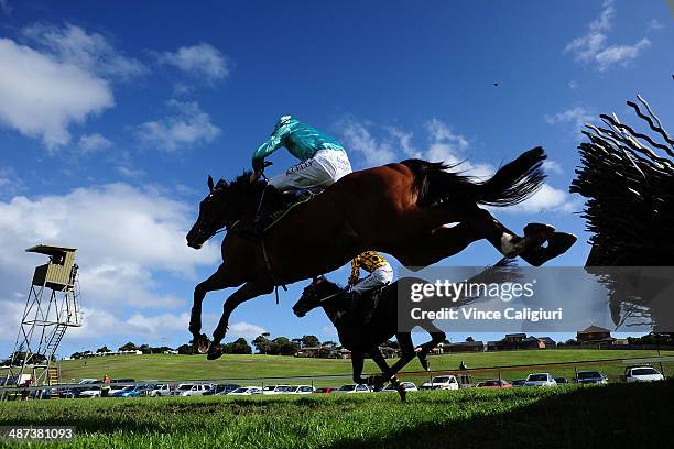 John Allen riding Gotta Take Care jumps the last hurdle before winning Race 5, the Sovereign Resort Galleywood Hurdle during the Warrnambool May...