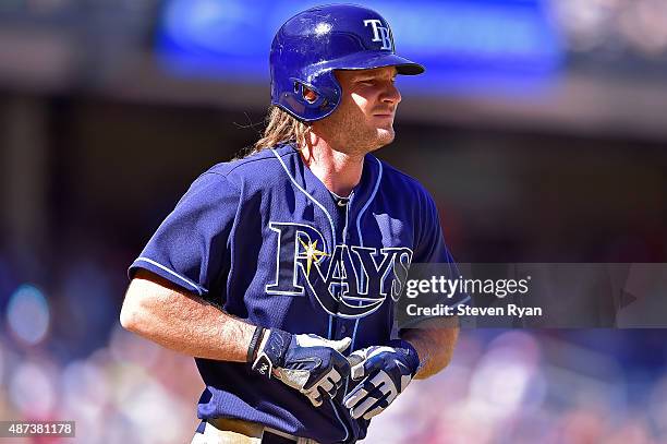 John Jaso of the Tampa Bay Rays draws a walk in the seventh inning against the New York Yankees at Yankee Stadium on September 5, 2015 in New York...
