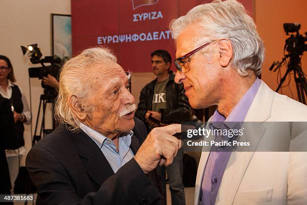 Manolis Glezos, the flagship member of Syriza, is seen talking with candidates and deputy of the party when Alexis Tsipras , leader of Syriza in...