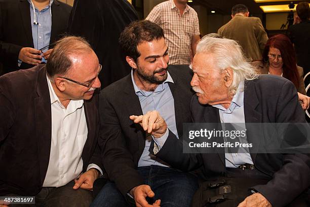 Manolis Glezos, the flagship member of Syriza, is seen talking with candidates and deputy of the party when Alexis Tsipras, leader of Syriza in...