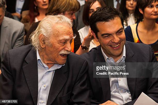 Alexis Tsipras, leader of Syriza in Greece, presents the ballot for the EU Parliamentary Elections. Manolis Glezos, the flagship member of Syriza, is...