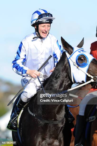 Linda Meech riding Kneeling after winning Race 7, the Midfield Group Wangoom Handicap during the Warrnambool May Racing Carnival on April 30, 2014 in...