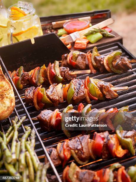 beef and vegetable kabobs on the bbq - skewer stock pictures, royalty-free photos & images