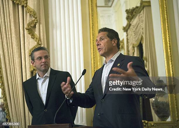 Governor of the commonwealth of Puerto Rico Alejandro Garcia Padilla, welcomed New York State Governor Andrew Cuomo at the Governor's residence La...