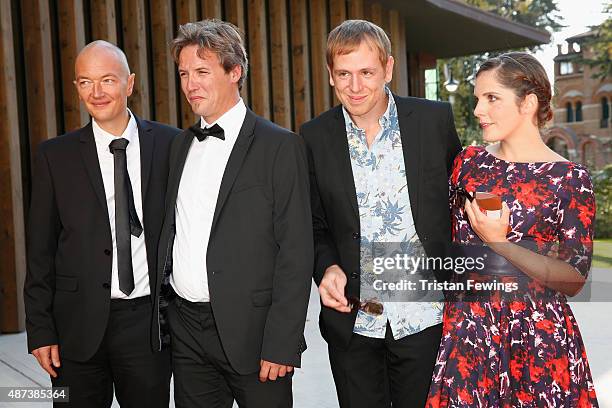 Director Samuel Collardey, actor Dominique Leborne, producer Gregoire Debailly and screenwriter Catherine Paille attend a premiere for 'Tempete'...