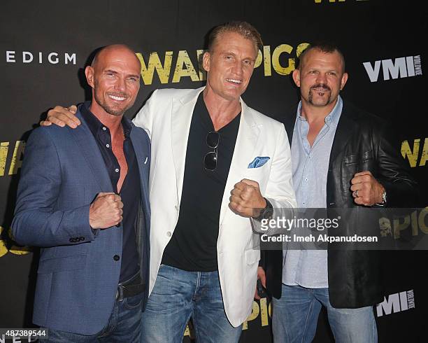 Actors Luke Goss, Dolph Lundgren, and former MMA fighter Chuck Liddell attend the premiere of Cinedigm's 'War Pigs' at ArcLight Cinemas on September...