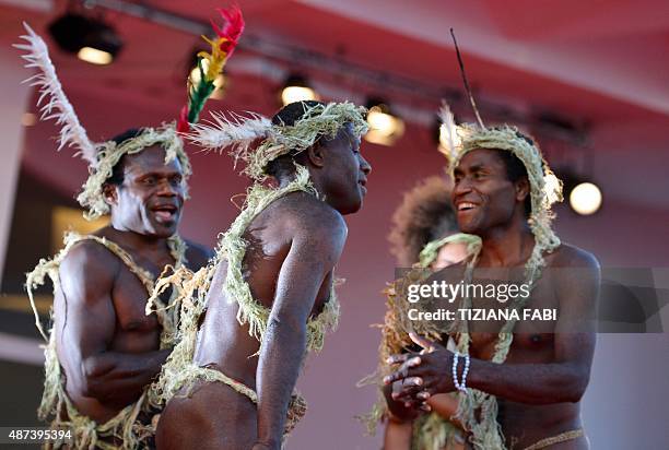 Members of a tribe from Vanuatu island arrive for the screening of the movie "Tanna" presented during the Film Critics Week at the 72nd Venice...