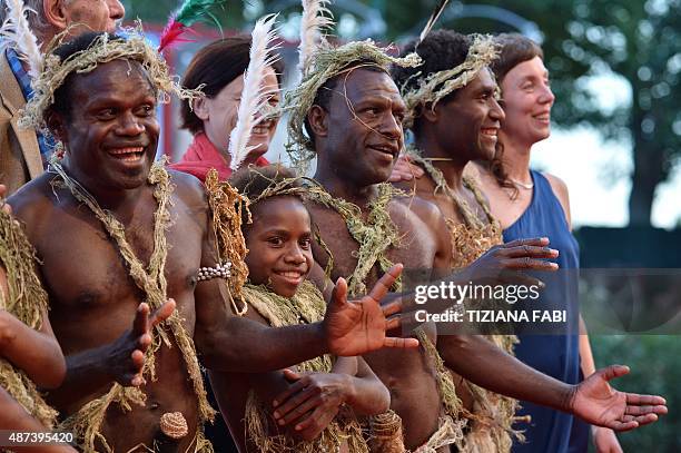 Members of a tribe from Vanuatu island arrive for the screening of the movie "Tanna" presented during the Film Critics Week at the 72nd Venice...