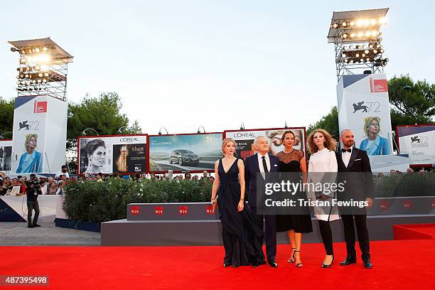 Paulina Chapko, Jerzy Skolimowski, Anna Maria Buczek, Agata Buzek, and Wojciech Mecwaldowski attend a premiere for '11 Minutes' during the 72nd...