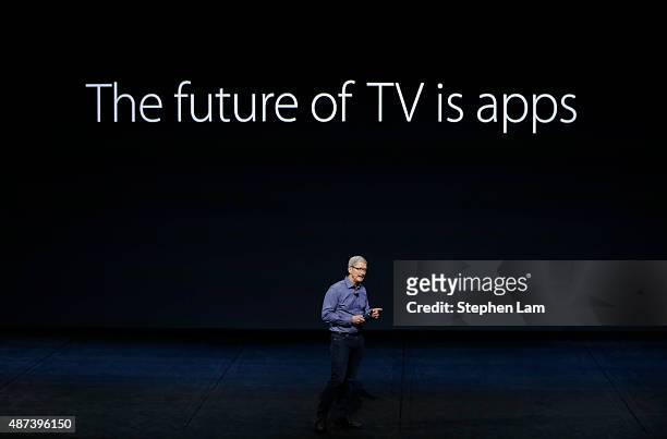 Apple CEO Tim Cook introduces the New Apple TV during a Special Event at Bill Graham Civic Auditorium September 9, 2015 in San Francisco, California....