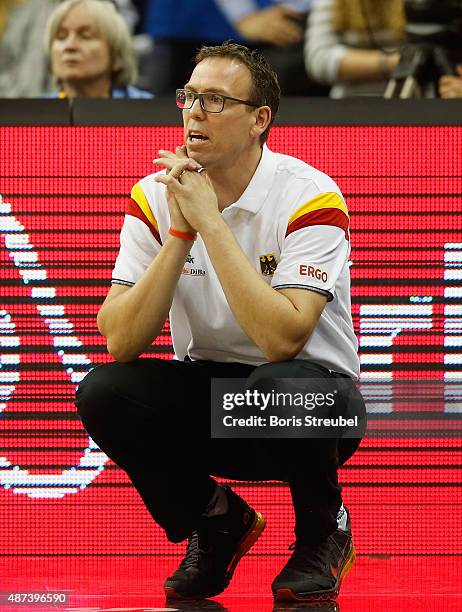 Headcoach Chris Fleming of Germany reacts during the FIBA EuroBasket 2015 Group B basketball match between Italy and Germany at Arena of EuroBasket...