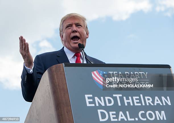 Republican presidential candidate Donald Trump speaks at a rally organized by the Tea Party Patriots against the Iran nuclear deal in front of the...