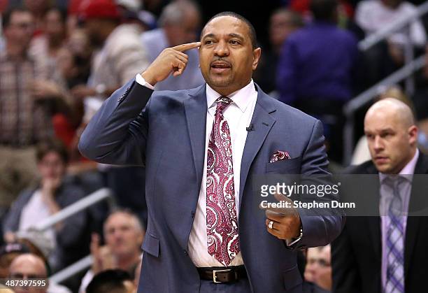 Head coach Mark Jackson of the Golden State Warriors gives instructions in the game against the Los Angeles Clippers in Game Five of the Western...