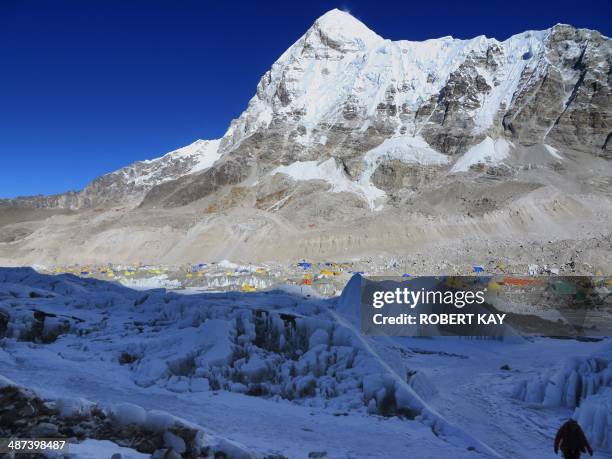In this photograph taken on April 18 Everest Base Camp is seen from Crampon Point, the entrance into the Khumbu icefall below Mount Everest,...