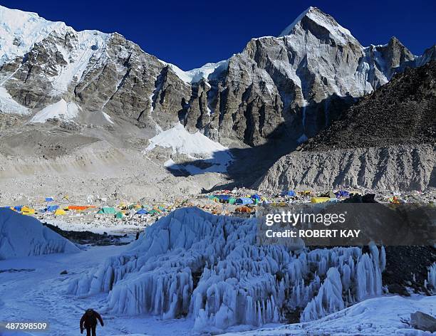 In this photograph taken on April 18 Everest Base Camp is seen from Crampon Point, the entrance into the Khumbu icefall below Mount Everest,...