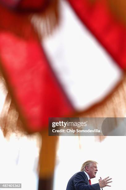 Republican presidential candidate Donald Trump addresses a rally against the Iran nuclear deal on the West Lawn of the U.S. Capitol September 9, 2015...