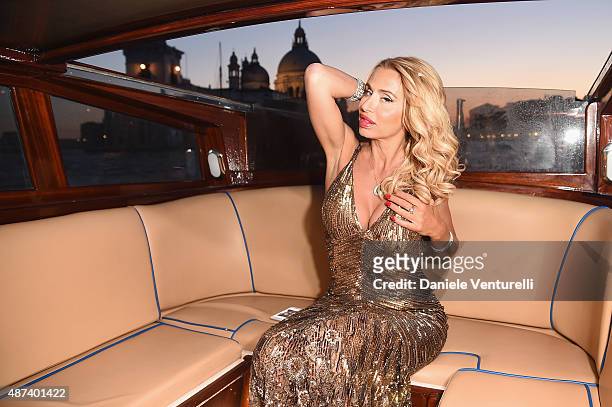 Valeria Marini travels by water taxi after the 'Venezia Pop By Antonello Sarno' premiere during the 72nd Venice Film Festival on September 9, 2015 in...
