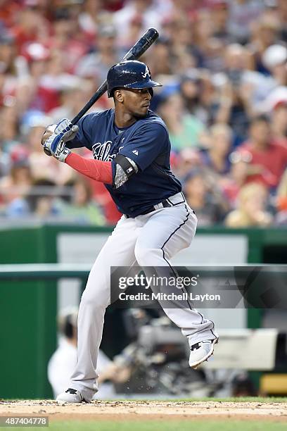 Pedro Ciriaco of the Atlanta Braves prepares for a pitch during a baseball game against the Washington Nationals at Nationals Park on September 5,...