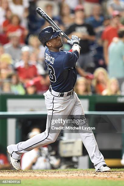 Pedro Ciriaco of the Atlanta Braves takes a swing during a baseball game against the Washington Nationals at Nationals Park on September 5, 2015 in...