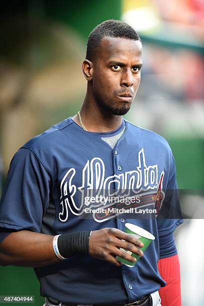 Pedro Ciriaco of the Atlanta Braves looks on before a baseball game against the Washington Nationals at Nationals Park on September 5, 2015 in...