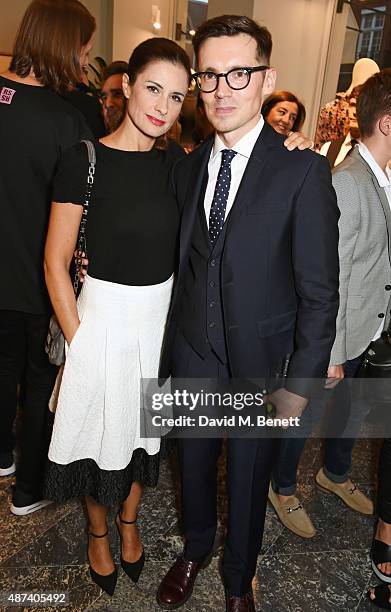 Livia Firth and designer Erdem Moralioglu attend the launch of the first Erdem flagship store on September 9, 2015 in London, England.