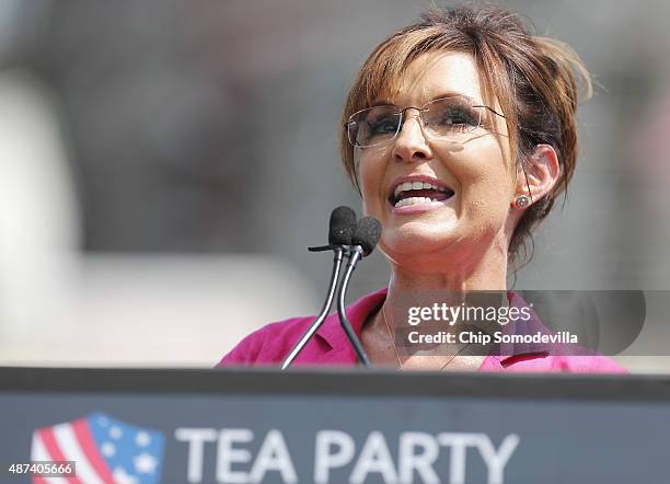 Former vice presidential candidate Sarah Palin addresses a rally against the Iran nuclear deal on the West Lawn of the U.S. Capitol September 9, 2015...