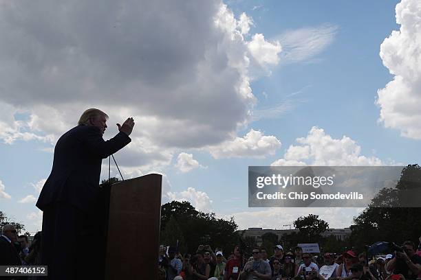 Republican presidential candidate Donald Trump addresses a rally against the Iran nuclear deal on the West Lawn of the U.S. Capitol September 9, 2015...