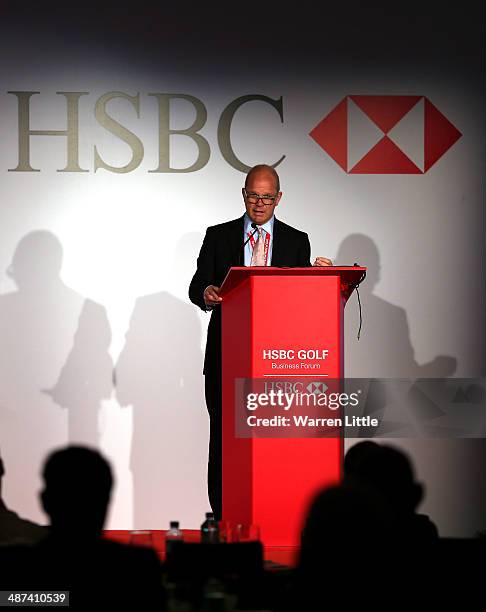 Guy Kinnings , Global Head of Golf IMG addresses the 2014 HSBC Golf Business Forum at The Westin Hotel at Abu Dhabi Golf Club on April 30, 2014 in...