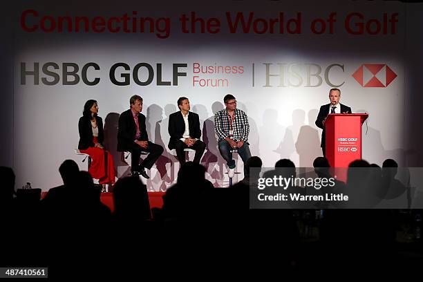 Tony Judge, Chief Executive of ClubstoHire.com addresses the HSBC Golf Business Forum at the Westin Abu Dhabi Golf Resort & Spa on April 30, 2014 in...