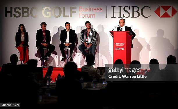 Tony Judge, Chief Executive of ClubstoHire.com addresses the HSBC Golf Business Forum at the Westin Abu Dhabi Golf Resort & Spa on April 30, 2014 in...