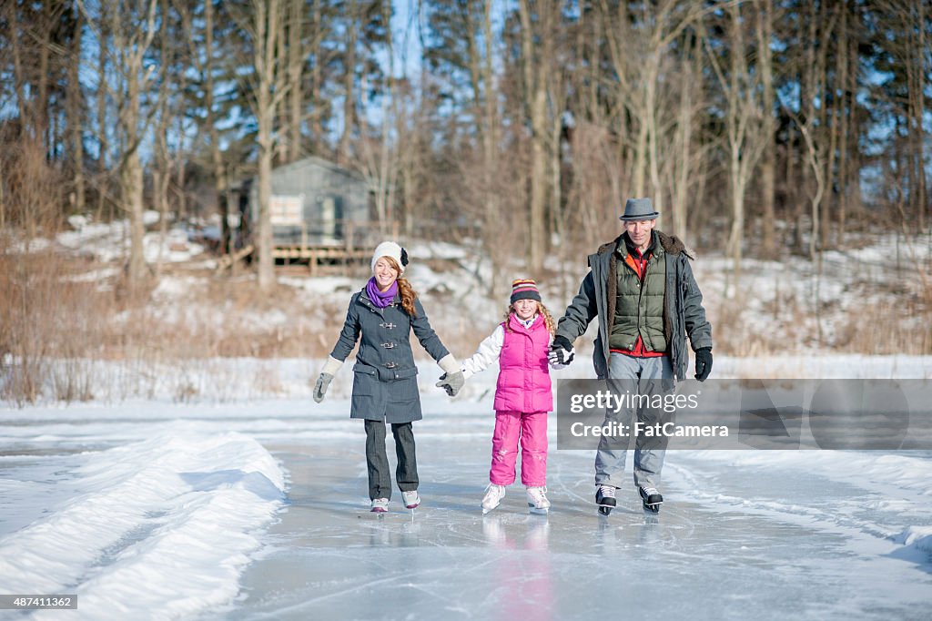 Family Ice Skating on a Lake