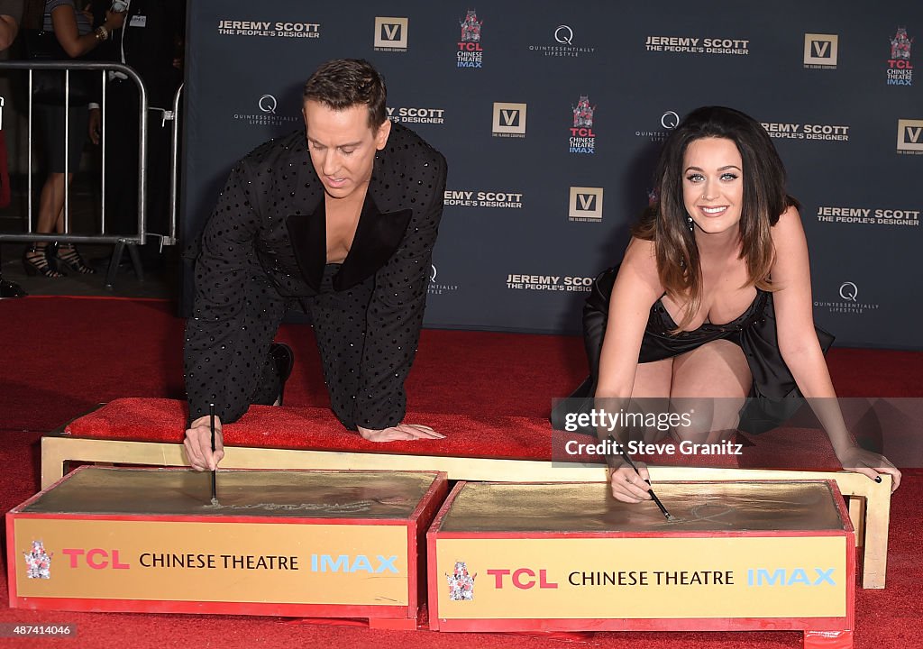 Jeremy Scott And Katy Perry Hand Print Ceremony At TCL Chinese IMAX Forecourt