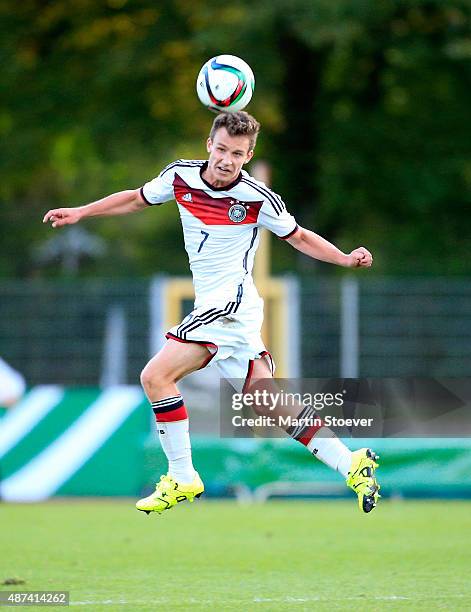 Jennis Kuebler of U17 Germany plays the ball during the match between U17 Germany v U17 Italy at Weserstadion "Platz 11" on September 9, 2015 in...