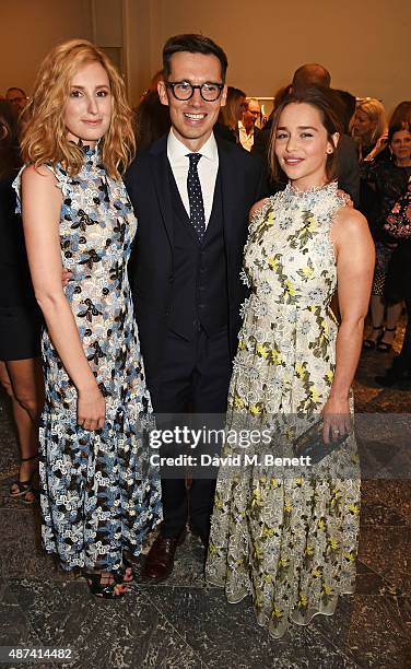Laura Carmichael, designer Erdem Moralioglu and Emilia Clarke attend the launch of the first Erdem flagship store on September 9, 2015 in London,...