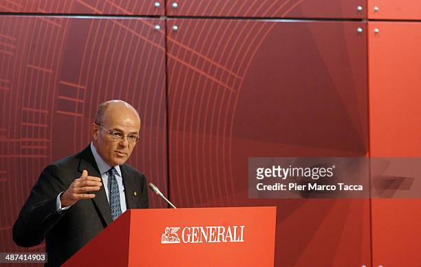 Of Generali Group Mario Greco speaks at Assicurazioni Generali S.p.A. Shareholders General Meeting on April 30, 2014 in Trieste, Italy. The...