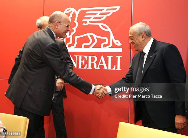 Generali Group Mario Greco, Chief Insurance Officer of Generali Group Sergio Balbinot and Vice-Chairman Francesco Gaetano Caltagirone attend the...