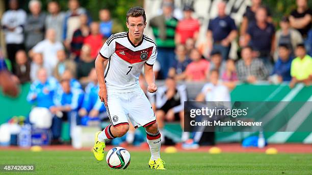 Jannis Kuebler of U17 Germany plays the ball during the match between U17 Germany v U17 Italy at Weserstadion "Platz 11" on September 9, 2015 in...