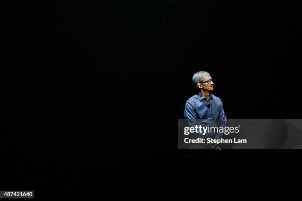 Apple CEO Tim Cook stands on stage during a Special Event at Bill Graham Civic Auditorium September 9, 2015 in San Francisco, California. Apple Inc....