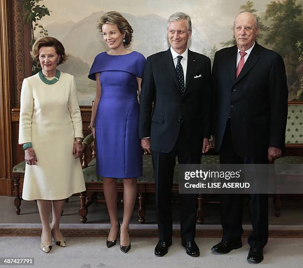 Queen Sonja of Norway, Belgium's royal Queen Mathilde, King Philippe and King Harald of Norway pose for photographers at the Royal Palace in Oslo...