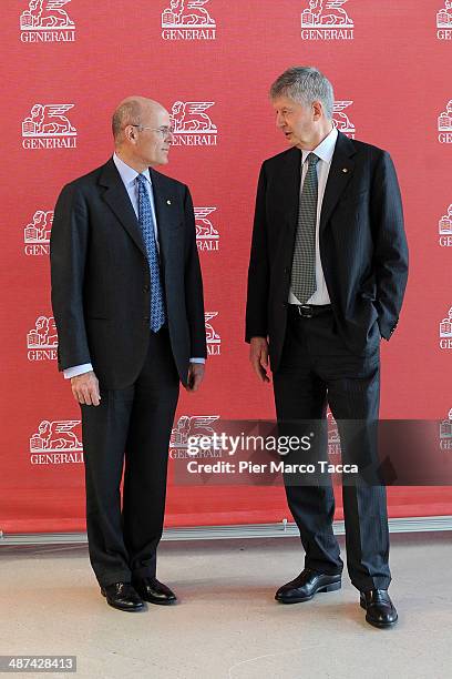 Of Generali Group Mario Greco and Gabriele Galateri di Genola President of Generali Group pose for a photo during the Assicurazioni Generali S.p.A....