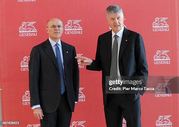 Of Generali Group Mario Greco and Gabriele Galateri di Genola President of Generali Group pose for a photo during the Assicurazioni Generali S.p.A....