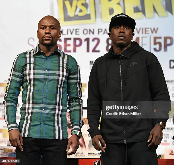 Boxers Floyd Mayweather Jr. And Andre Berto pose during a news conference at MGM Grand Hotel & Casino on September 9, 2015 in Las Vegas, Nevada....