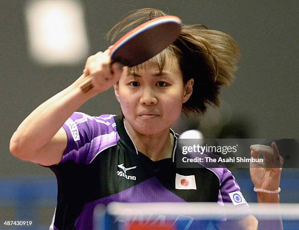 Sayaka Hirano of Japan competes in the game against Chez Szu-Yu of Chinese Taipei during day three of the 2014 World Team Table Tennis Championships...