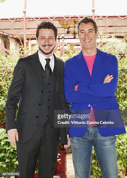Luca Bizzarri and Paolo Kessisoglu attend 'Un fidanzato per mia moglie' photocall at Hotel Baglioni on April 30, 2014 in Milan, Italy.