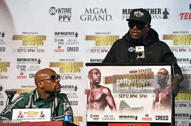 Boxers Floyd Mayweather Jr. And Andre Berto attend a news conference at MGM Grand Hotel & Casino on September 9, 2015 in Las Vegas, Nevada....