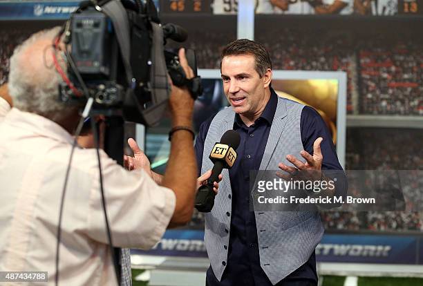 Analyst Kurt Warner speaks during the NFL Media Event, the day before Kickoff to the 2015 Season on September 9, 2015 in Culver City, California.