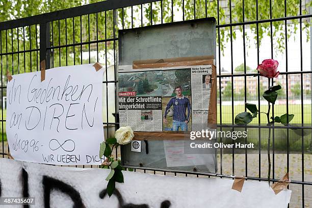 Tributes are left in memory of Diren Dede outside his local football club, SC Teutonia 1910, on April 30, 2014 in Hamburg, Altona, Germany. German...